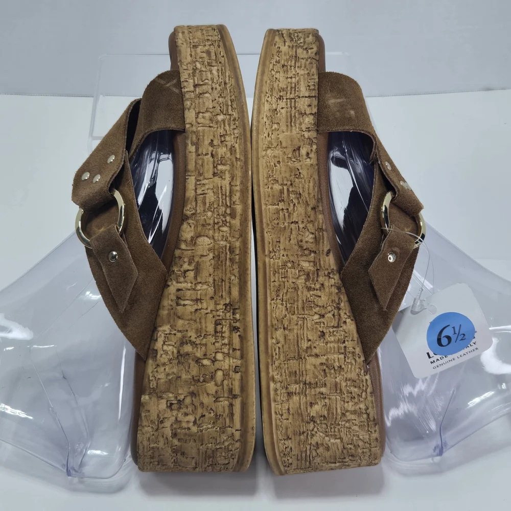 Lottini Camel Suede Crisscross Cork Platform Wedge Sandals Size EU 37 US 6
